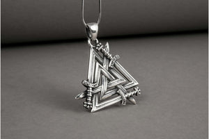 Brutal 925 silver viking pendant with Valknut swords, unique handmade jewelry - vikingworkshop