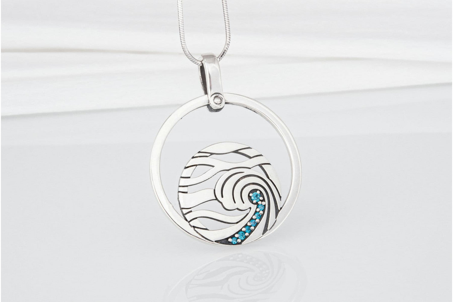 Minimalistic Round 925 Silver Pendant with Waves and Gems, Unique Fashion Jewelry - vikingworkshop