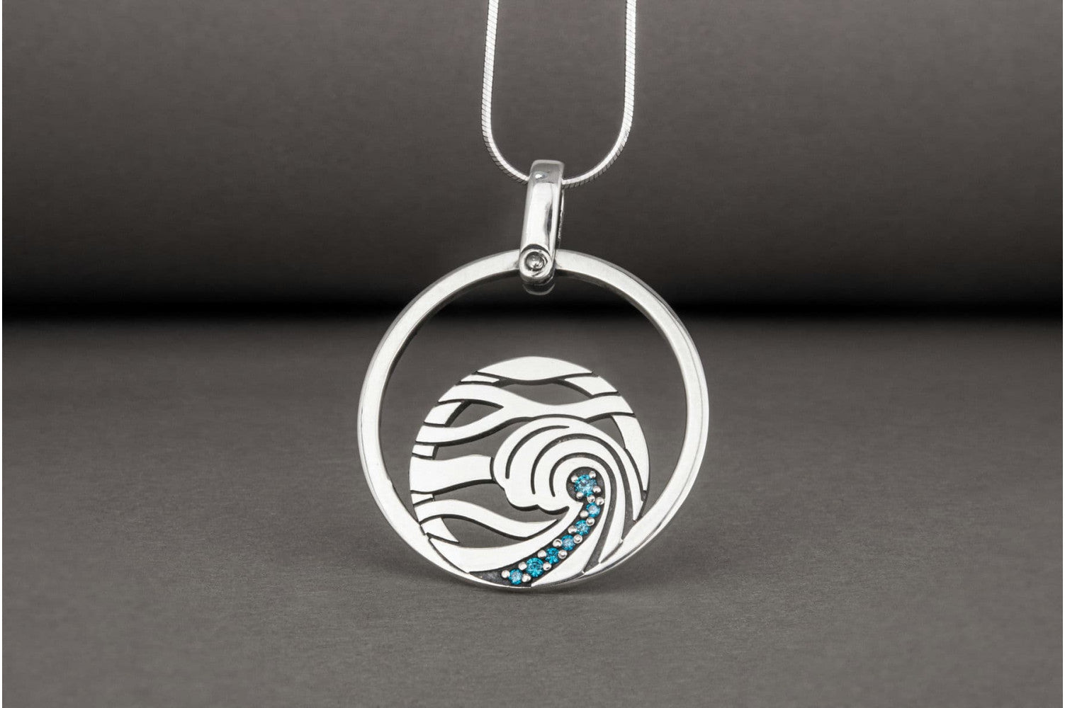 Minimalistic Round 925 Silver Pendant with Waves and Gems, Unique Fashion Jewelry - vikingworkshop