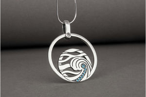 Minimalistic Round 925 Silver Pendant with Waves and Gems, Unique Fashion Jewelry - vikingworkshop