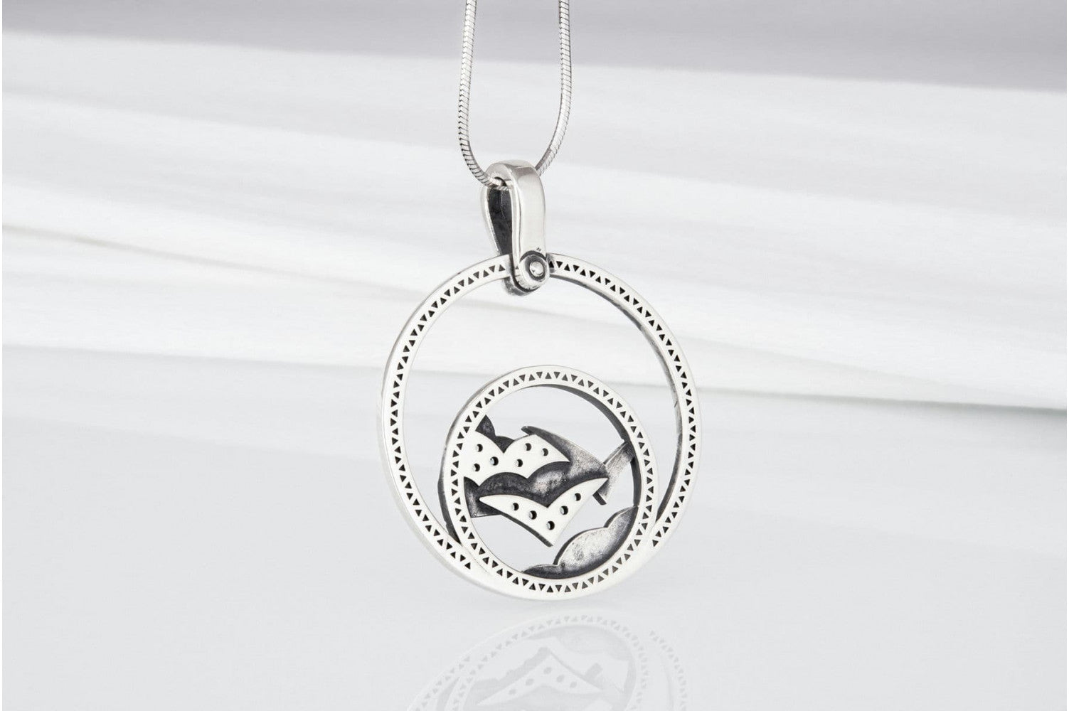 Minimalistic Round 925 Silver Pendant with Seagull, Clouds and Gems, Unique Fashion Jewelry - vikingworkshop