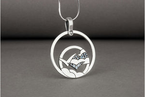 Minimalistic Round 925 Silver Pendant with Seagull, Clouds and Gems, Unique Fashion Jewelry - vikingworkshop