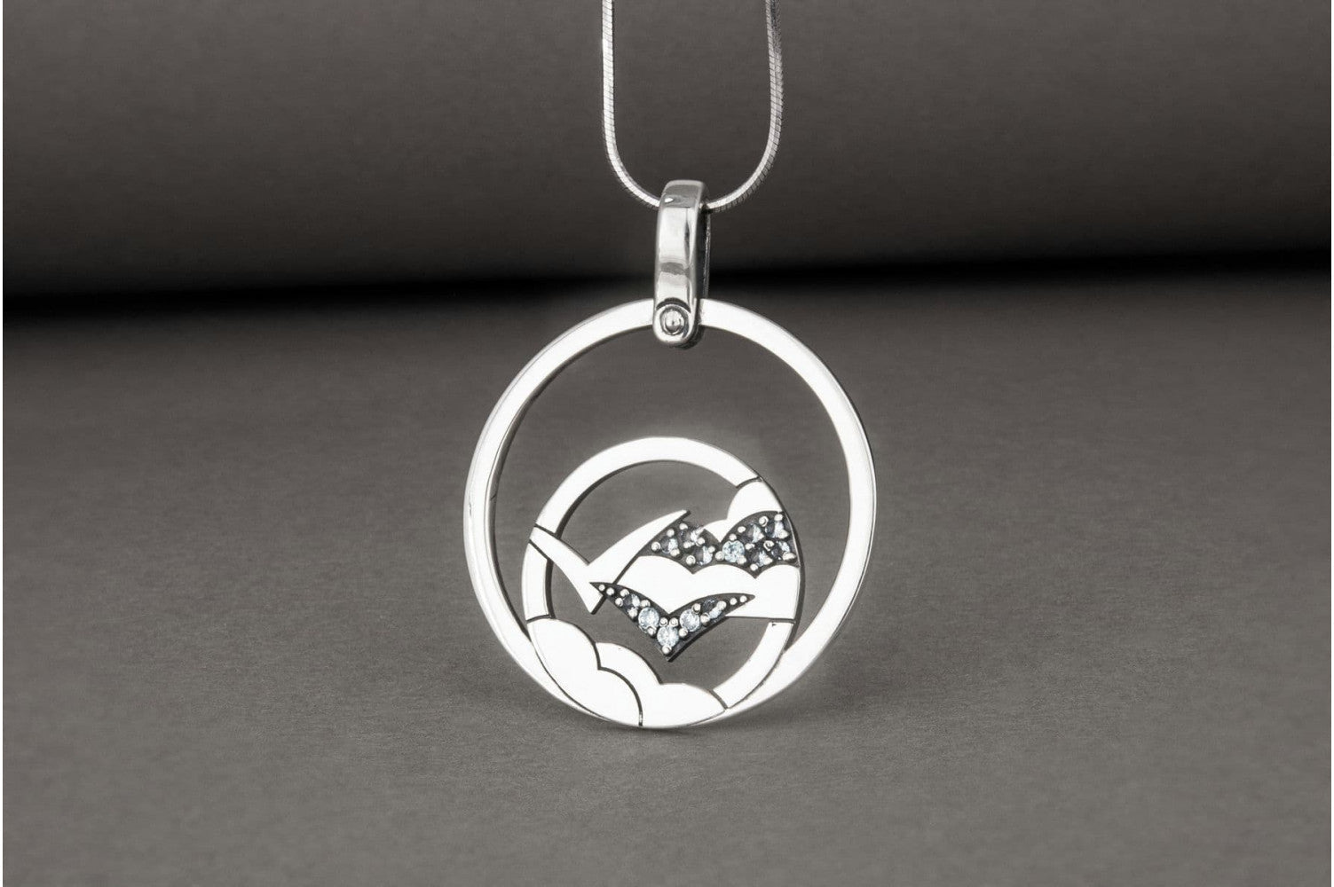 Minimalistic Round 925 Silver Pendant with Seagull, Clouds and Gems, Unique Fashion Jewelry - vikingworkshop