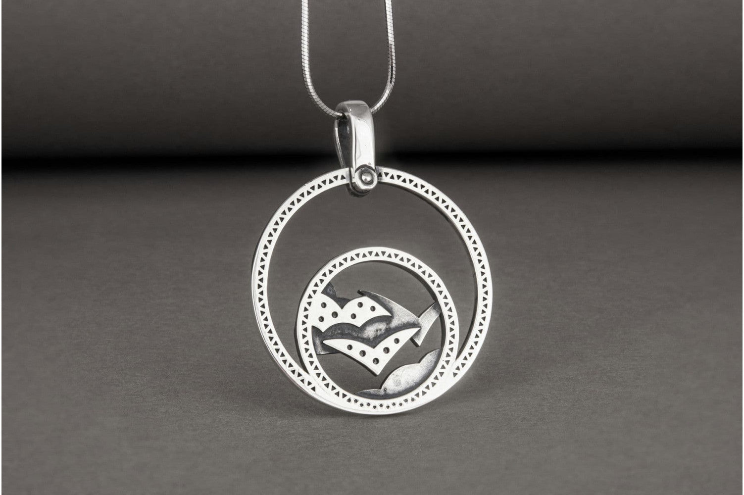 Minimalistic Round 925 Silver Pendant with Seagull, Clouds and Gems, Unique Fashion Jewelry - vikingworkshop