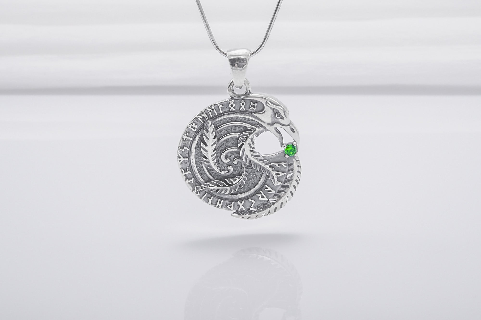 Sterling Silver Celtic Raven Pendant With Green Gem, Unique Handmade Jewelry - vikingworkshop