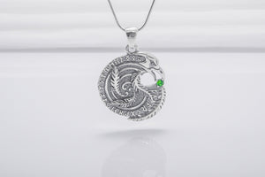 Sterling Silver Celtic Raven Pendant With Green Gem, Unique Handmade Jewelry - vikingworkshop