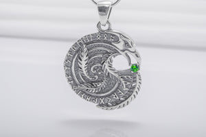 Sterling Silver Celtic Raven Pendant With Green Gem, Unique Handmade Jewelry - vikingworkshop