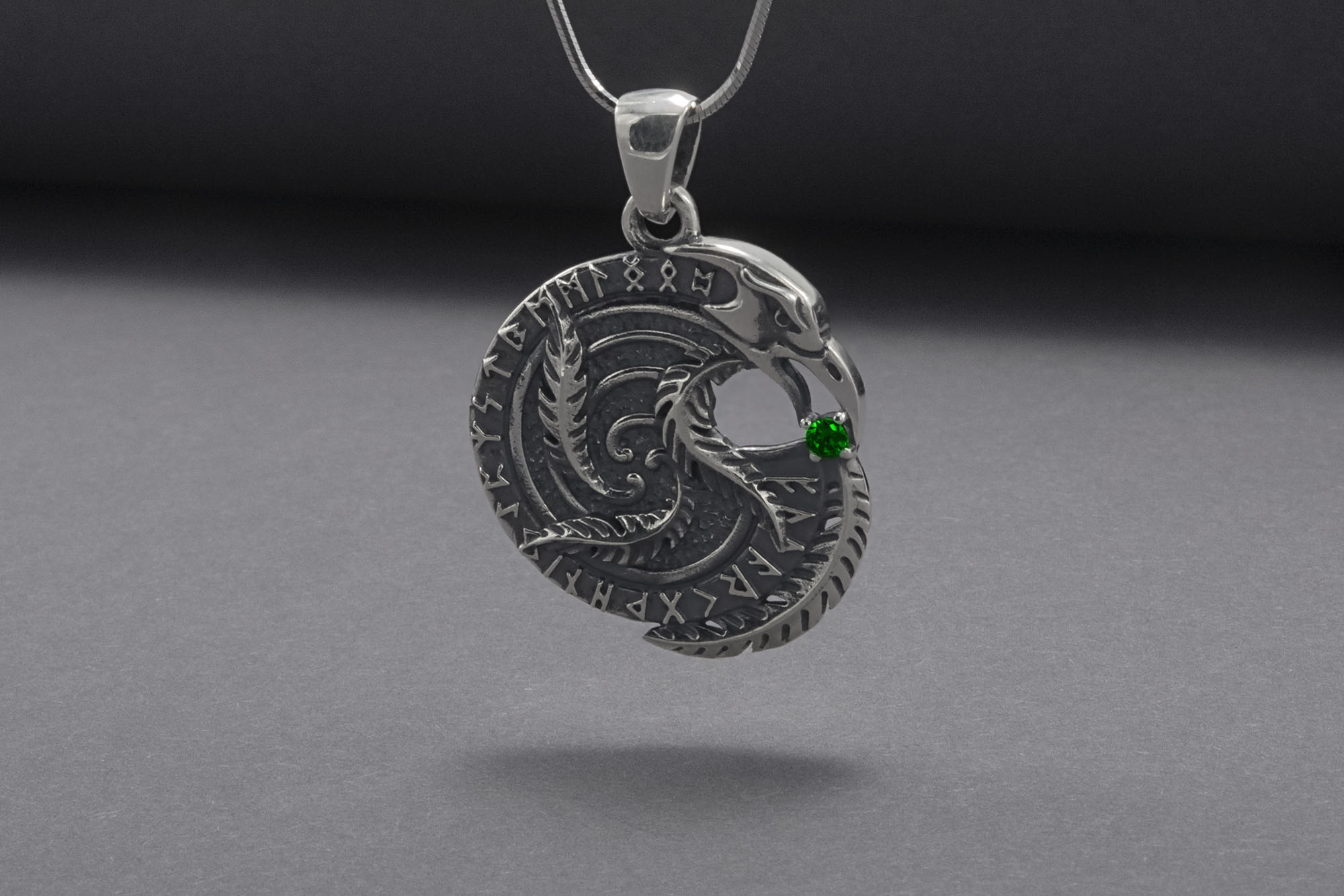 Sterling Silver Celtic Raven Pendant With Green Gem, Unique Handmade Jewelry - vikingworkshop