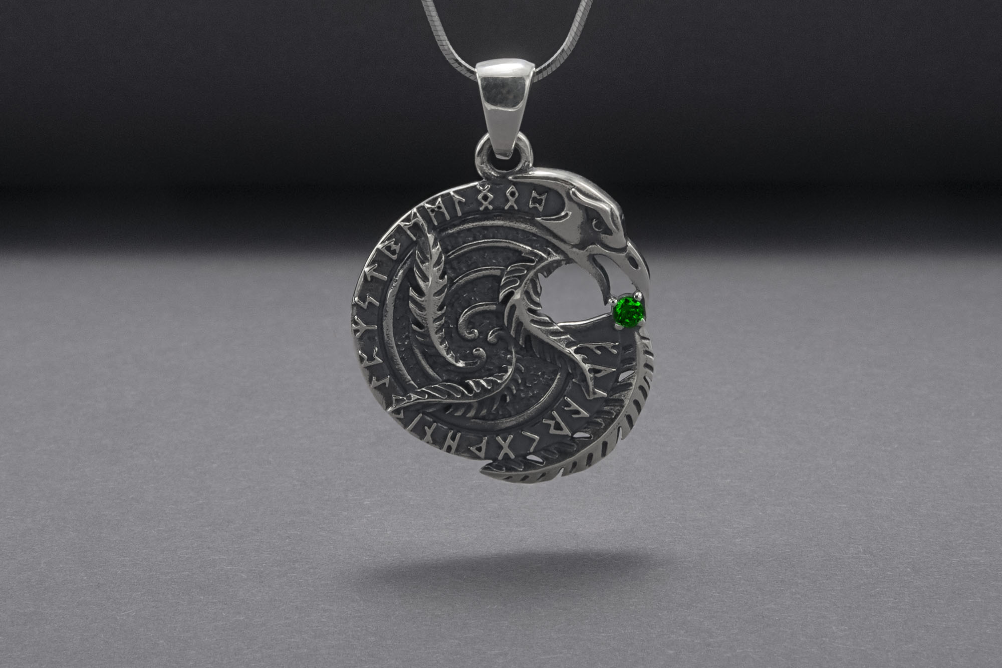 Sterling Silver Celtic Raven Pendant With Green Gem, Unique Handmade Jewelry - vikingworkshop