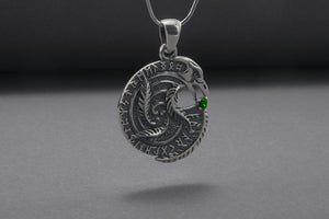 Sterling Silver Celtic Raven Pendant With Green Gem, Unique Handmade Jewelry - vikingworkshop