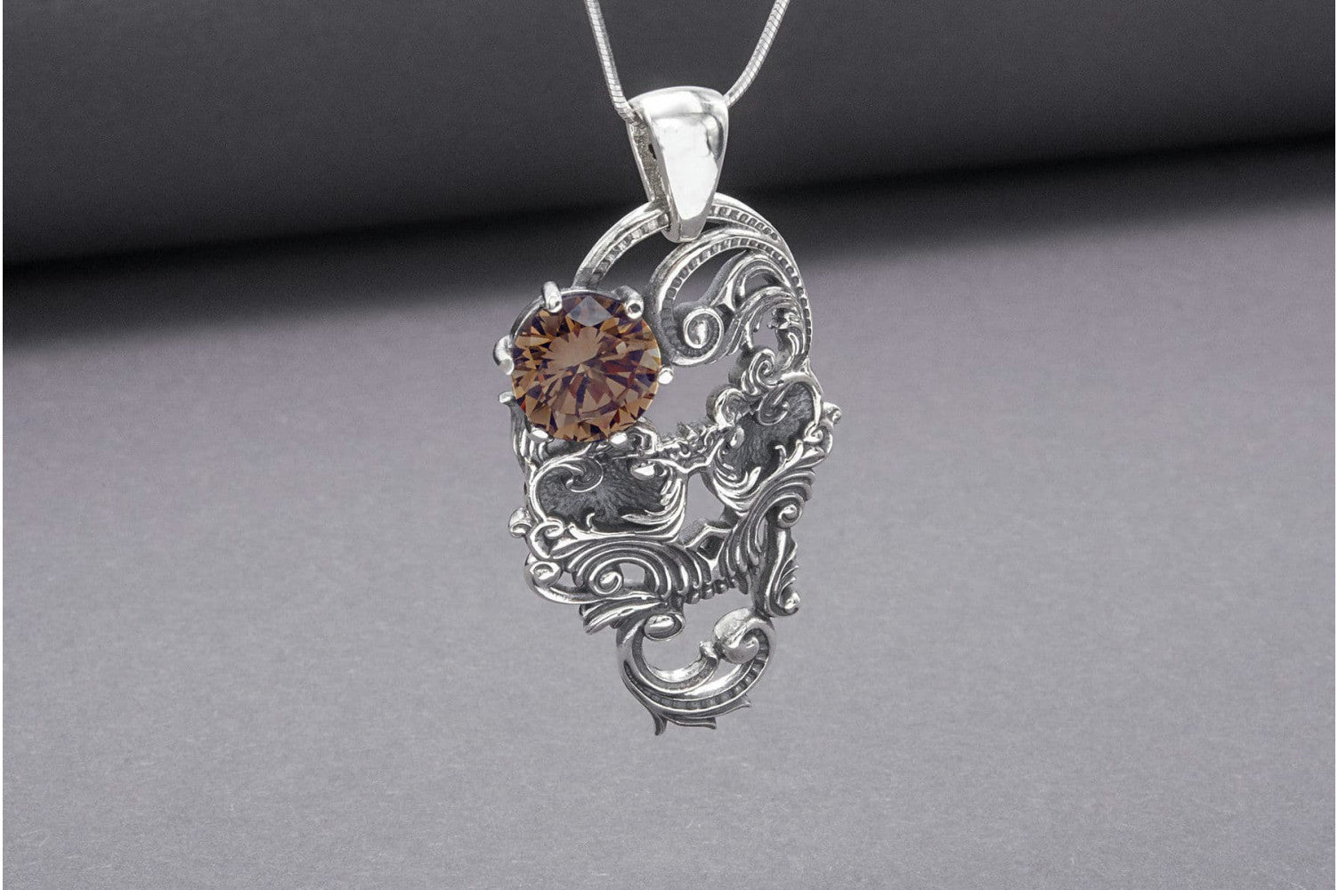 925 Silver Skull Necklace with Big Gem, Handcrafted Jewelry - vikingworkshop