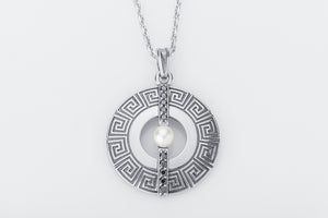 Greek Meander Ornament Pendant with Pearl and Gems - vikingworkshop