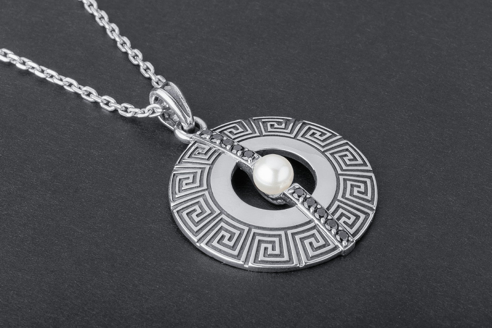 Greek Meander Ornament Pendant with Pearl and Gems - vikingworkshop