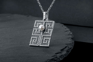 Greek Meander Pendant with Pearl - vikingworkshop