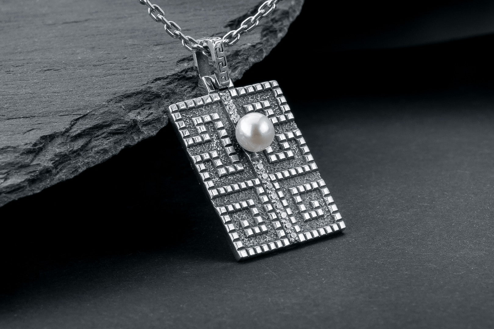 Greek Meander Pendant with Pearl - vikingworkshop