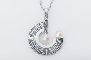 Greek Meander Ornament Pendant with Pearls and Gemstones - vikingworkshop