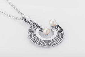 Greek Meander Ornament Pendant with Pearls and Gemstones - vikingworkshop