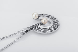 Greek Meander Ornament Pendant with Pearls and Gemstones - vikingworkshop