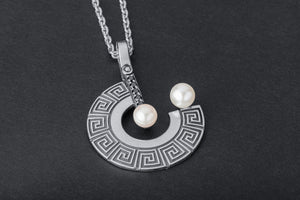 Greek Meander Ornament Pendant with Pearls and Gemstones - vikingworkshop