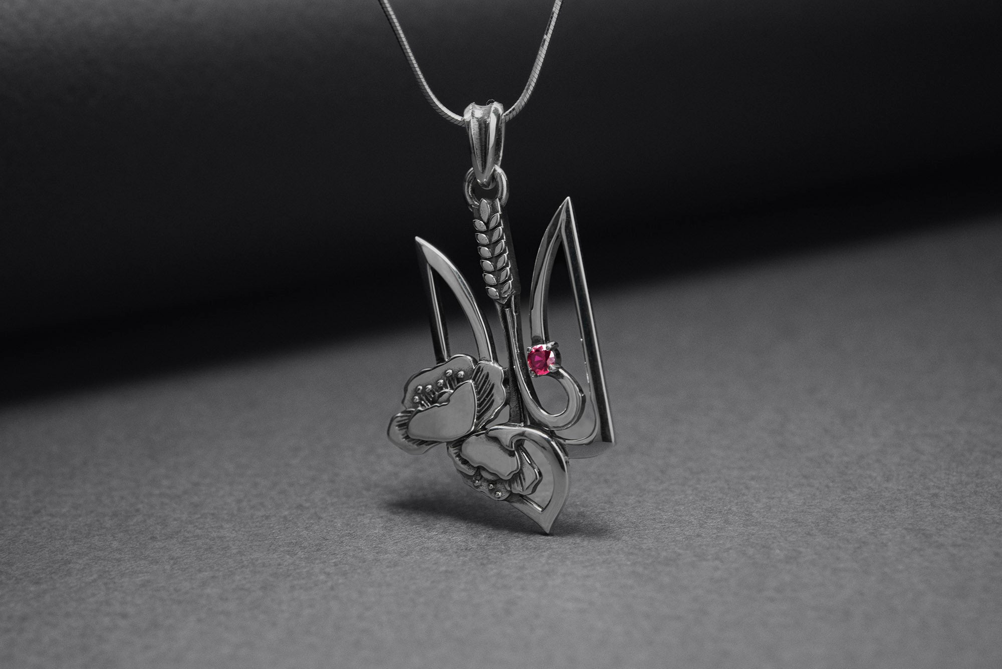 925 Silver Ukrainian Trident Pendant with Poppy Flower and Red Gem, Made in Ukraine Jewelry - vikingworkshop
