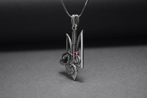 925 Silver Ukrainian Trident Pendant with Poppy Flower and Red Gem, Made in Ukraine Jewelry - vikingworkshop