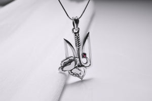 925 Silver Ukrainian Trident Pendant with Poppy Flower and Red Gem, Made in Ukraine Jewelry - vikingworkshop
