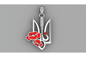 925 Silver Ukrainian Trident Pendant with Wheat, Poppy Flower and Gem, Made in Ukraine Jewelry - vikingworkshop