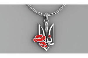 925 Silver Ukrainian Trident Pendant with Wheat, Poppy Flower and Gem, Made in Ukraine Jewelry - vikingworkshop