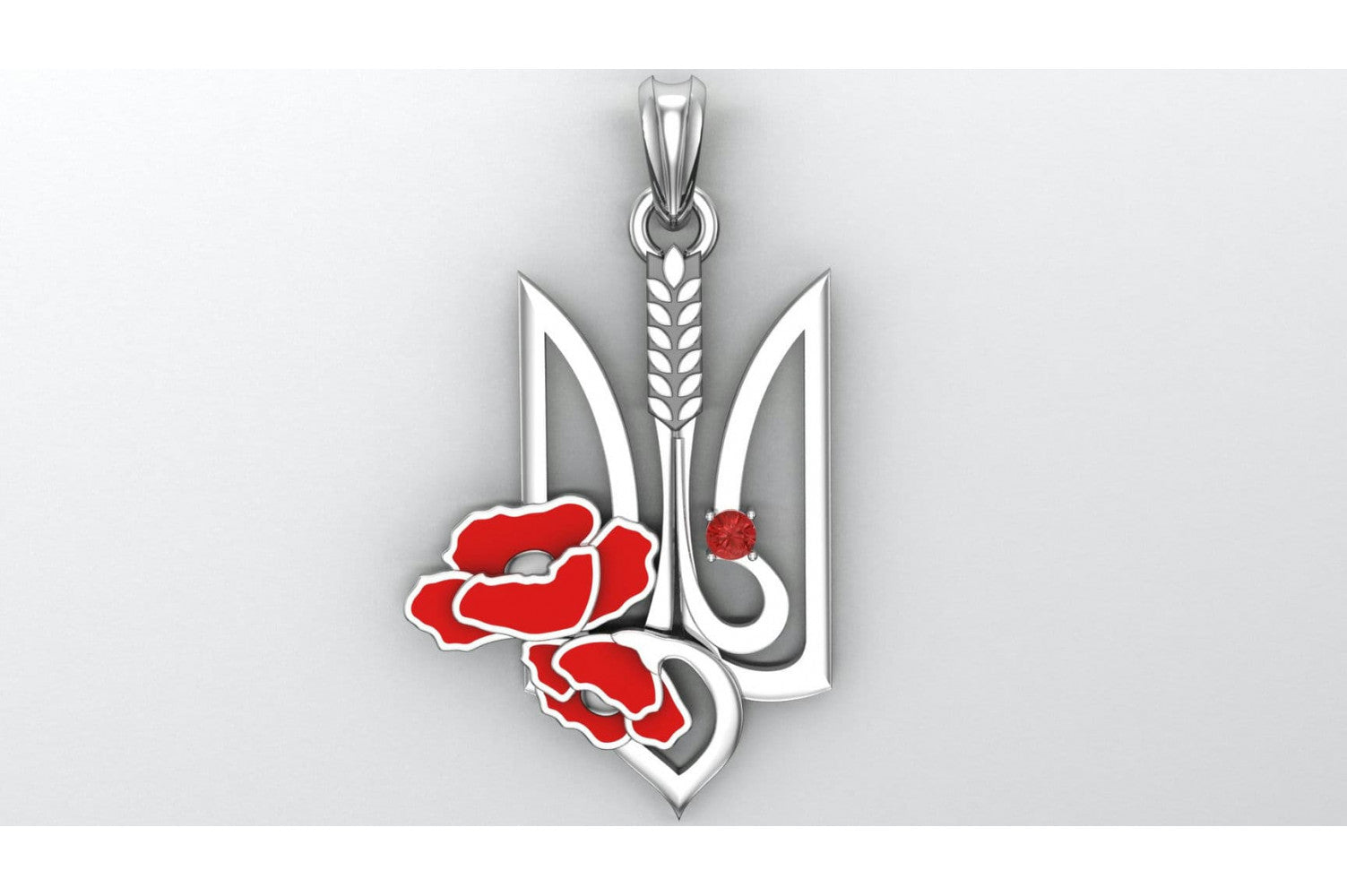 925 Silver Ukrainian Trident Pendant with Wheat, Poppy Flower and Gem, Made in Ukraine Jewelry - vikingworkshop