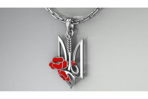 925 Silver Ukrainian Trident Pendant with Wheat, Poppy Flower and Gem, Made in Ukraine Jewelry - vikingworkshop