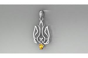 925 Silver Ukrainian Trident Pendant with Yellow gem, Made in Ukraine Jewelry - vikingworkshop