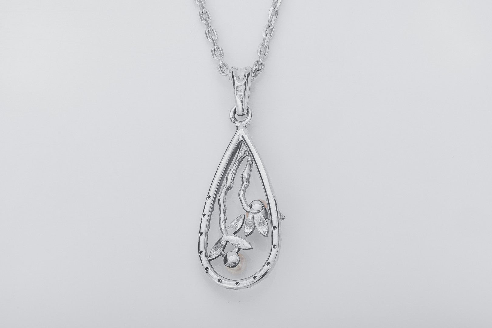 Drop Bracnh Pendant with Pearl, 925 Silver - vikingworkshop