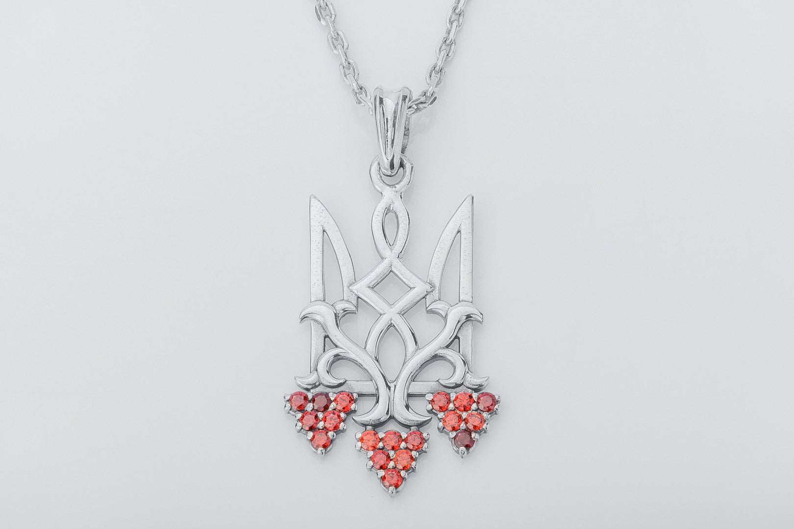 Ukrainian Trident with Viburnum and Gems, 925 silver - vikingworkshop