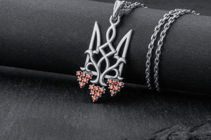 Ukrainian Trident with Viburnum and Gems, 925 silver - vikingworkshop