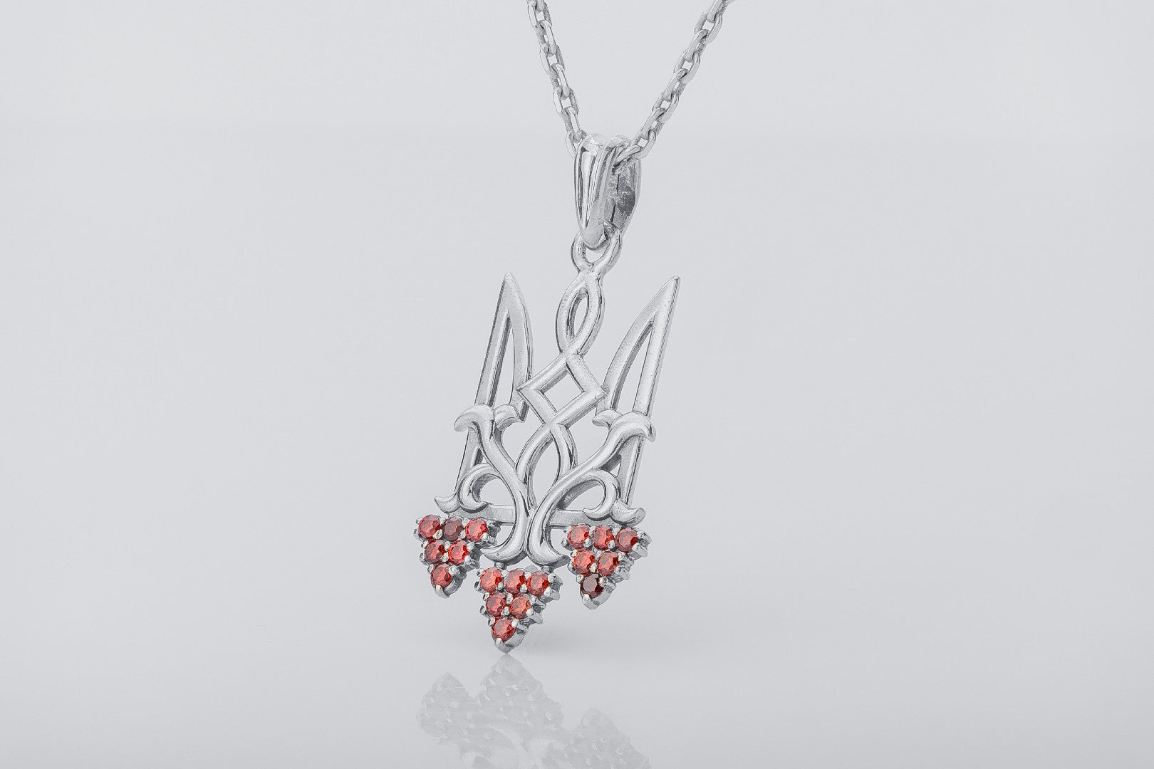 Ukrainian Trident with Viburnum and Gems, 925 silver - vikingworkshop