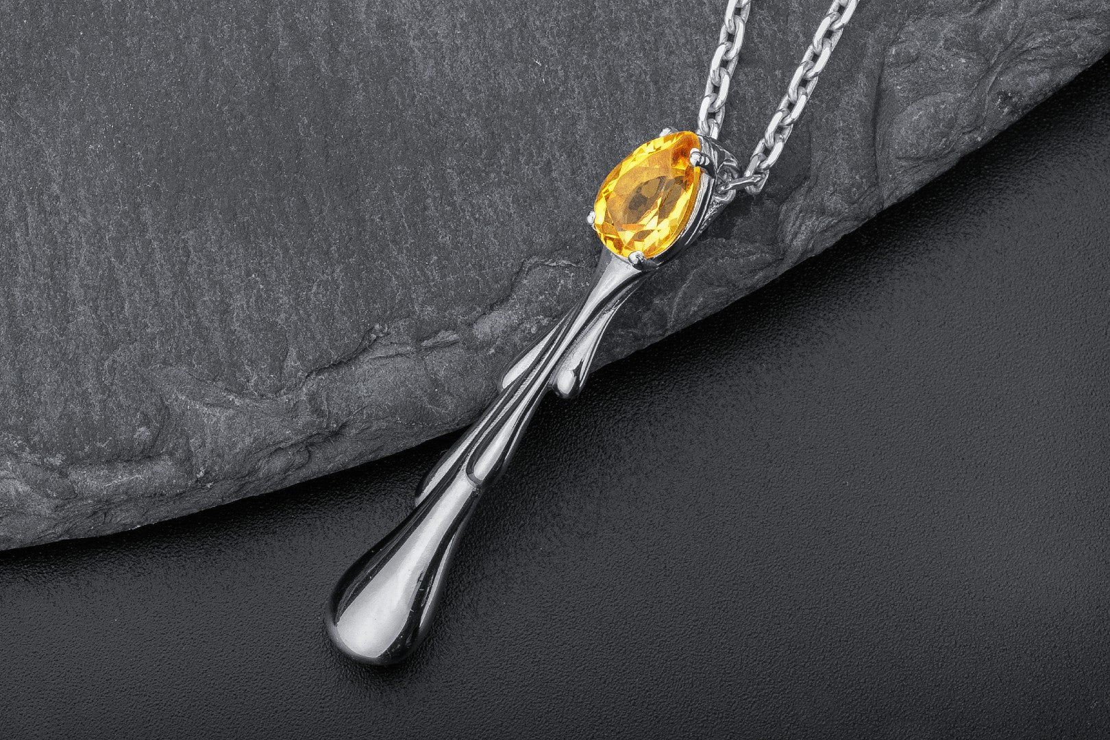 Candle Flame Citrine Pendant, Rhodium plated 925 silver - vikingworkshop