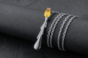 Candle Flame Citrine Pendant, Rhodium plated 925 silver - vikingworkshop