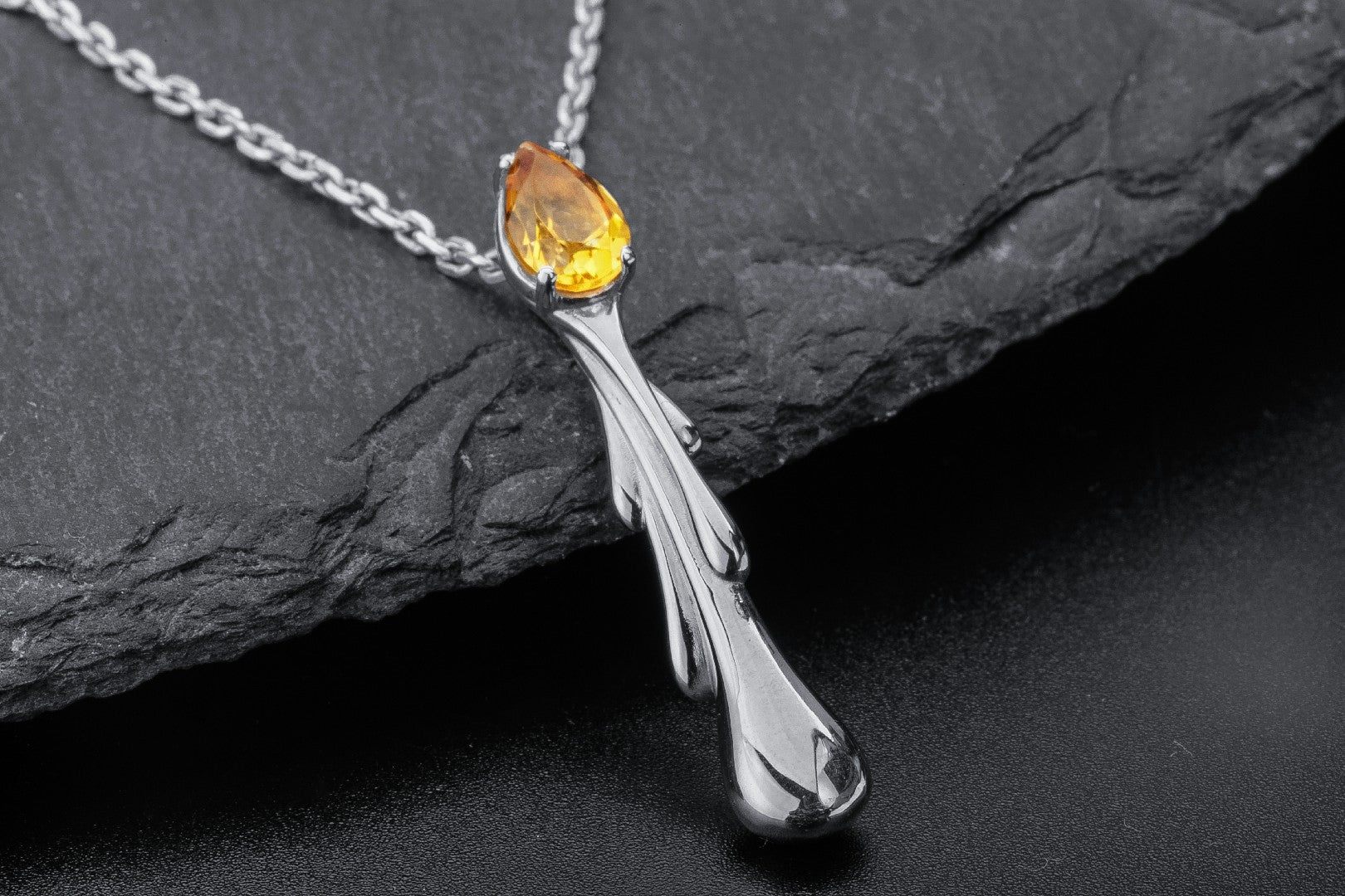 Candle Flame Citrine Pendant, Rhodium plated 925 silver - vikingworkshop