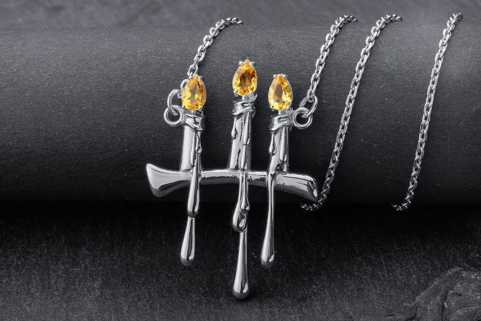 Molten Candles Pendant with Citrine Gems, Rhodium plated 925 Silver - vikingworkshop