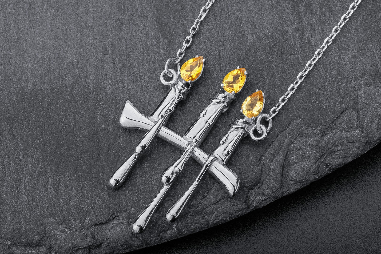 Molten Candles Pendant with Citrine Gems, Rhodium plated 925 Silver - vikingworkshop