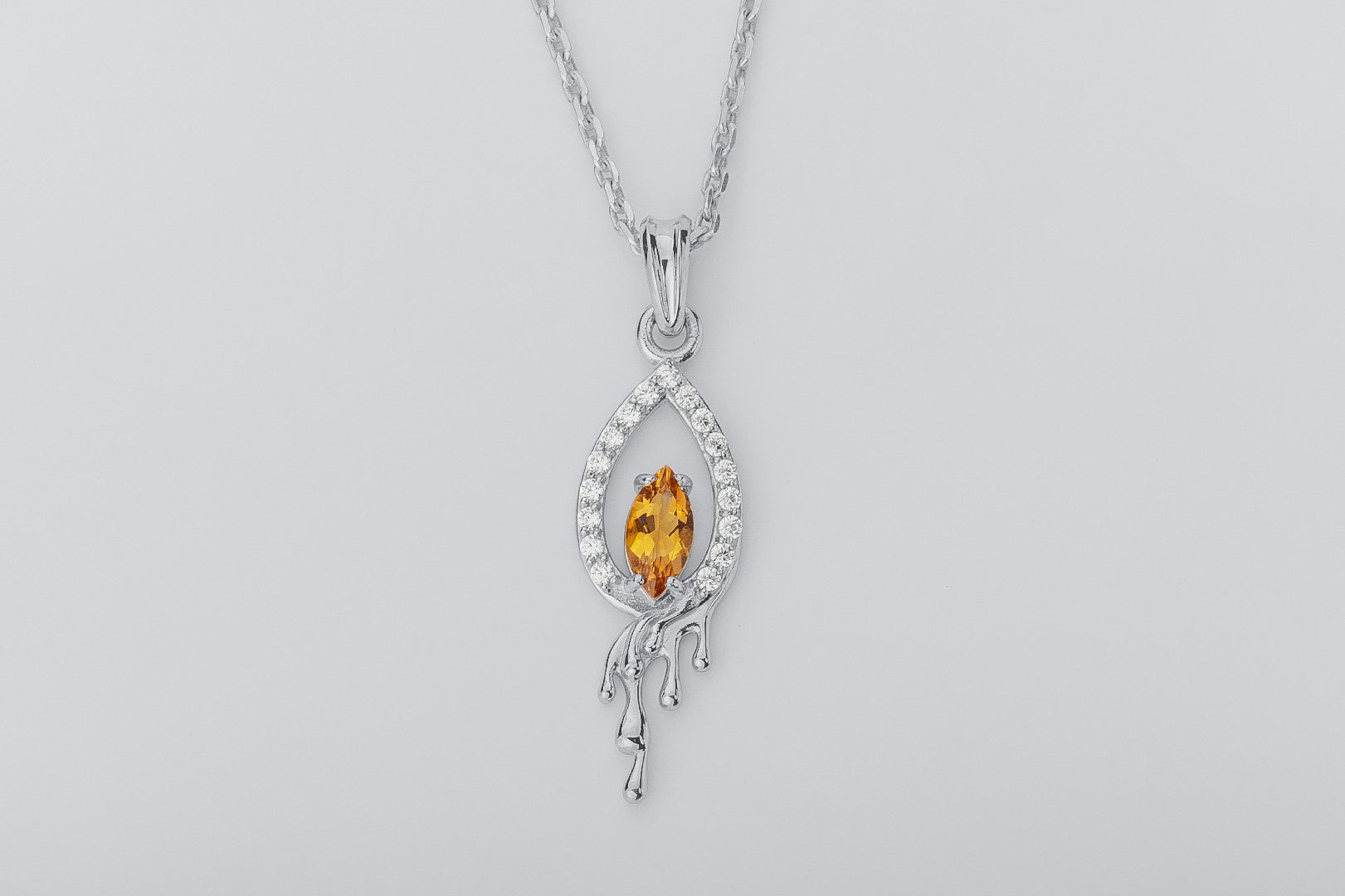 Candle Flame Citrine Pendant with wax Droplets, Rhodium plated 925 silver