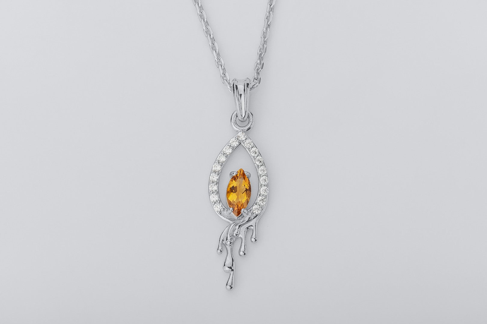 Candle Flame Citrine Pendant with wax Droplets, Rhodium plated 925 silver - vikingworkshop