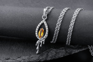 Candle Flame Citrine Pendant with wax Droplets, Rhodium plated 925 silver - vikingworkshop