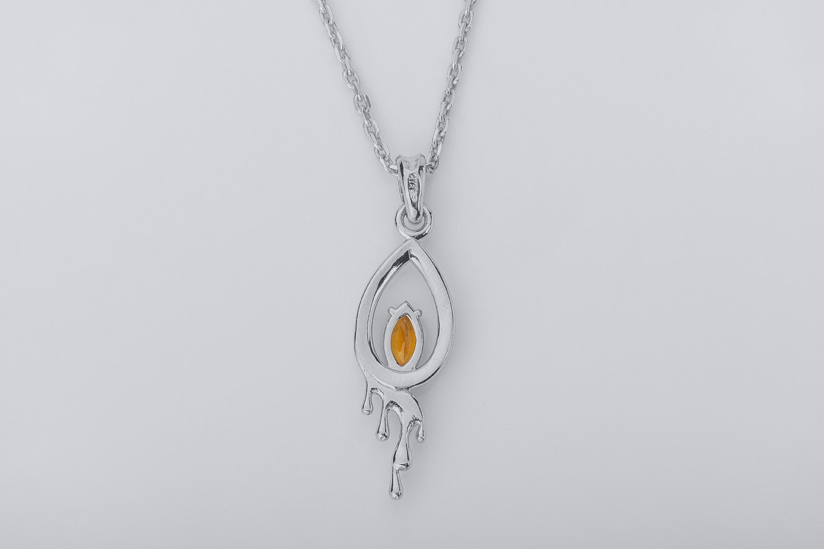 Candle Flame Citrine Pendant with wax Droplets, Rhodium plated 925 silver