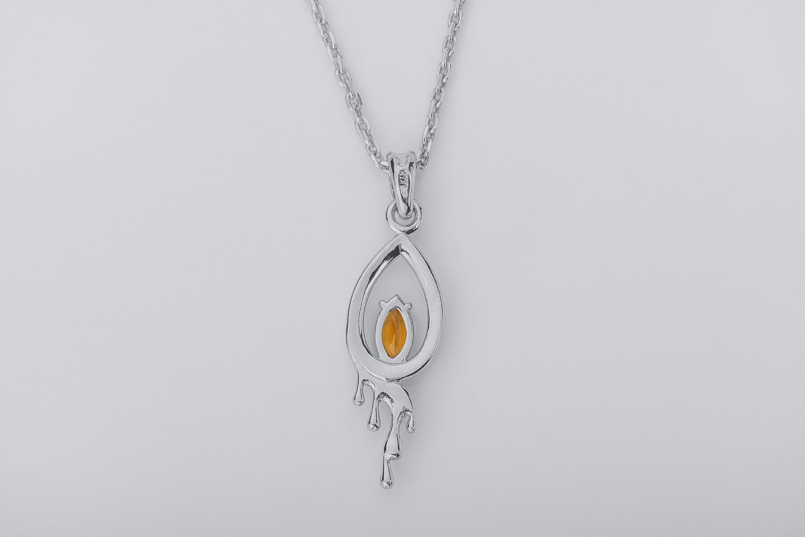 Candle Flame Citrine Pendant with wax Droplets, Rhodium plated 925 silver - vikingworkshop