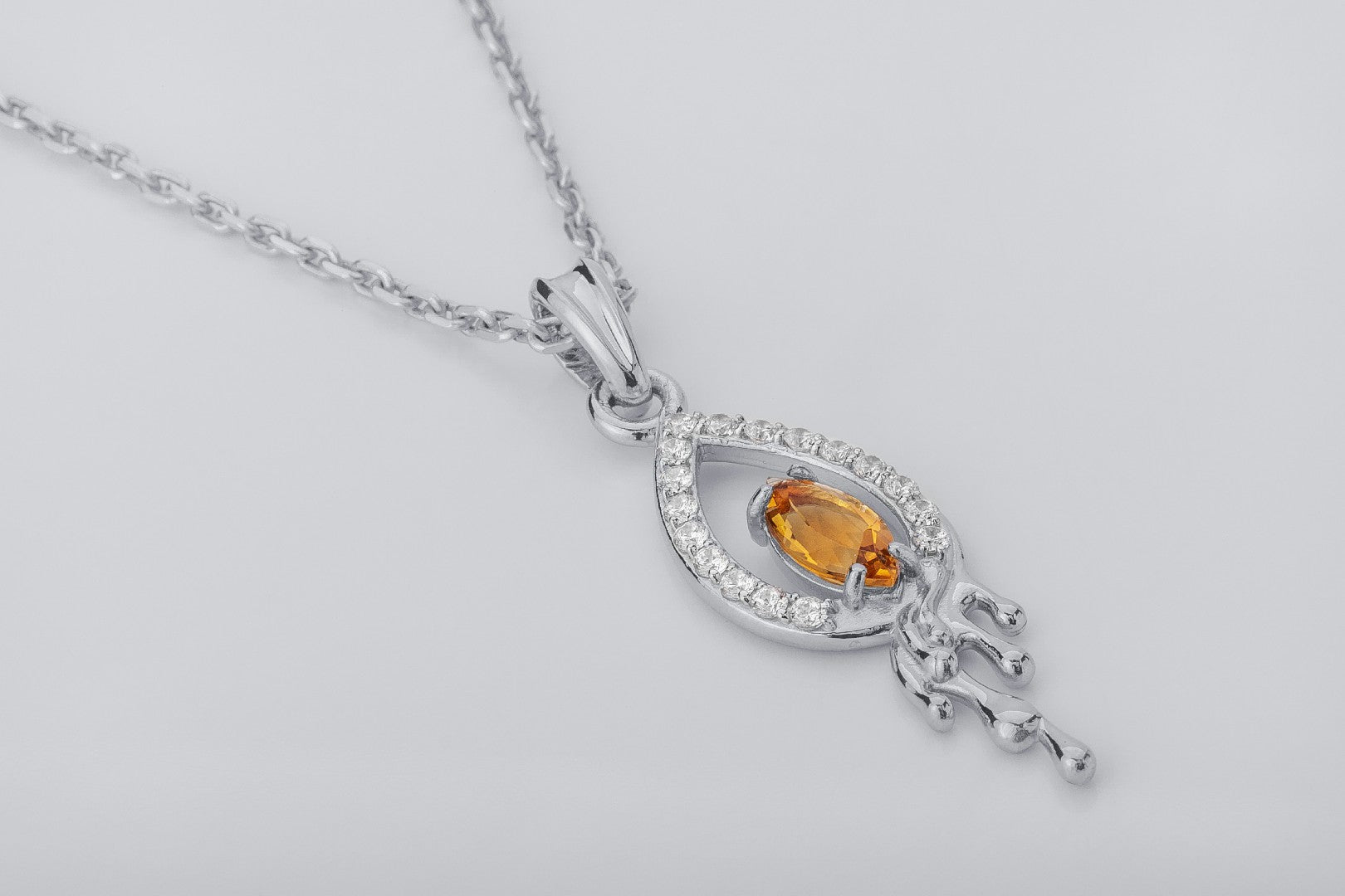 Candle Flame Citrine Pendant with wax Droplets, Rhodium plated 925 silver - vikingworkshop