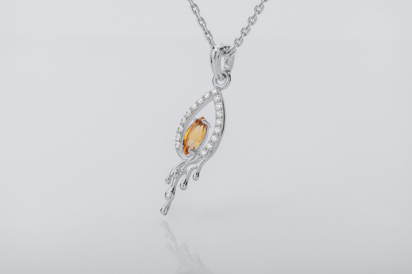 Candle Flame Citrine Pendant with wax Droplets, Rhodium plated 925 silver - vikingworkshop