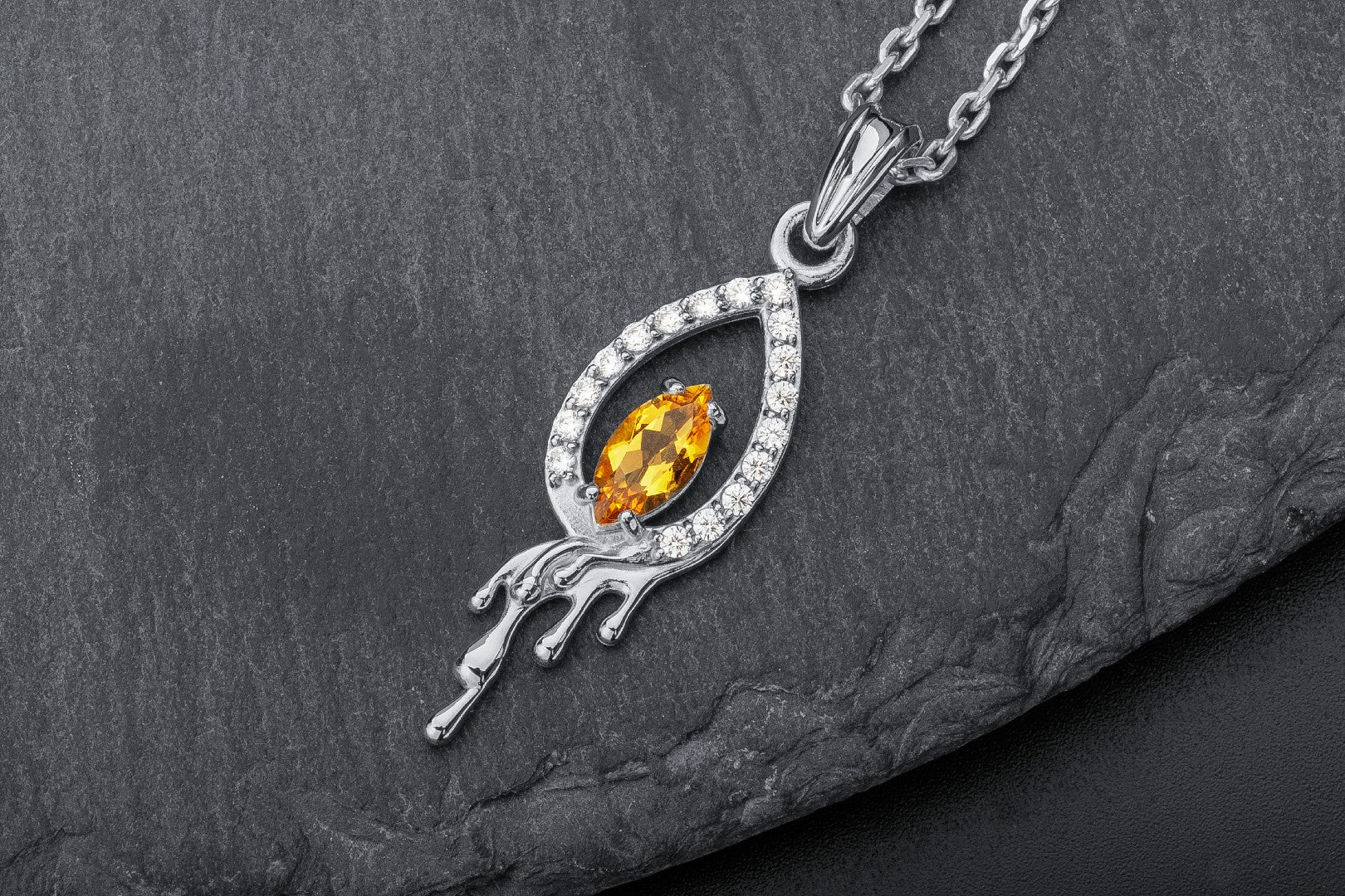 Candle Flame Citrine Pendant with wax Droplets, Rhodium plated 925 silver - vikingworkshop