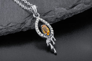 Candle Flame Citrine Pendant with wax Droplets, Rhodium plated 925 silver - vikingworkshop