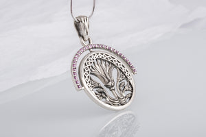 925 Silver Lotus Pendant with Purple Cubic Zirconium Gems, Handmade Egyptian Jewelry - vikingworkshop